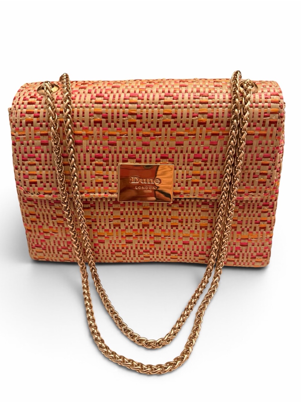 Dune London Pink Multicolor Raffia Woven Shoulder Bag w/Gold Chain (Like New) - Picture 3 of 12